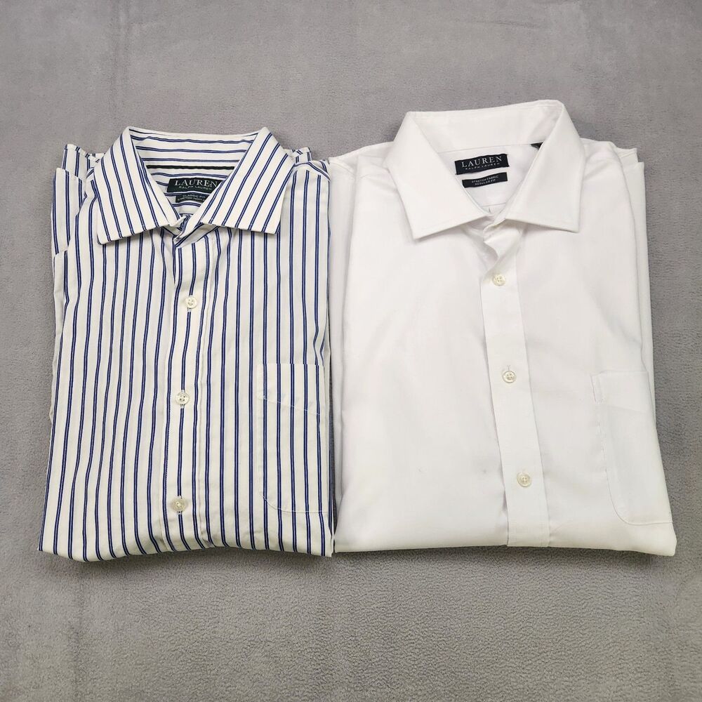 Lauren Ralph Lauren Dress Shirts Men's 17.5-34/35 White Striped Stretch Lot Of 2